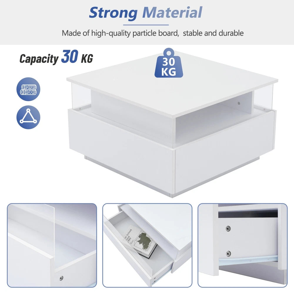 Coffee Table with LED Square High Gloss White Storage Tea Table for Living Room