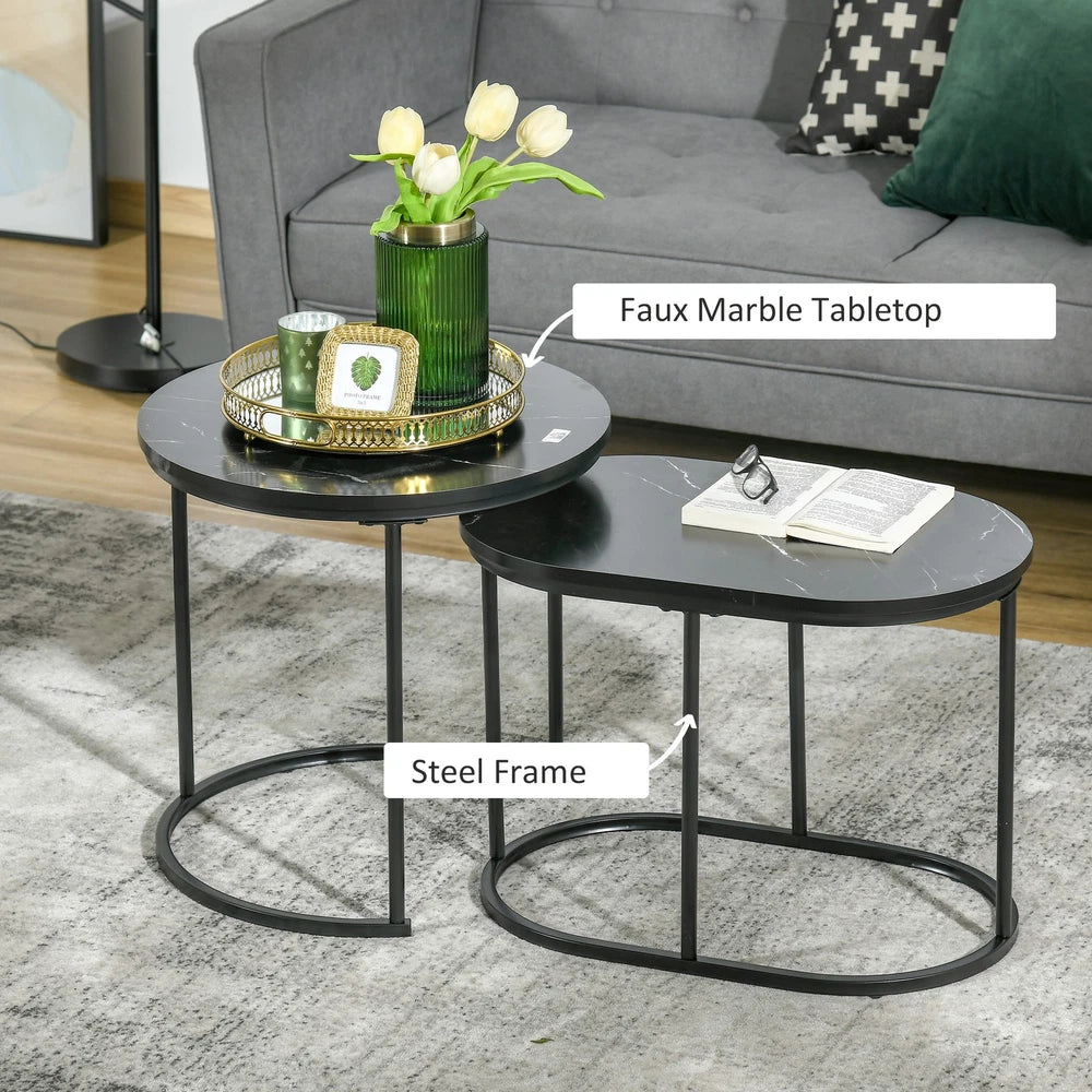 Coffee Table Set of 2 Modern Nest of Tables with Faux Marble Tabletop Black
