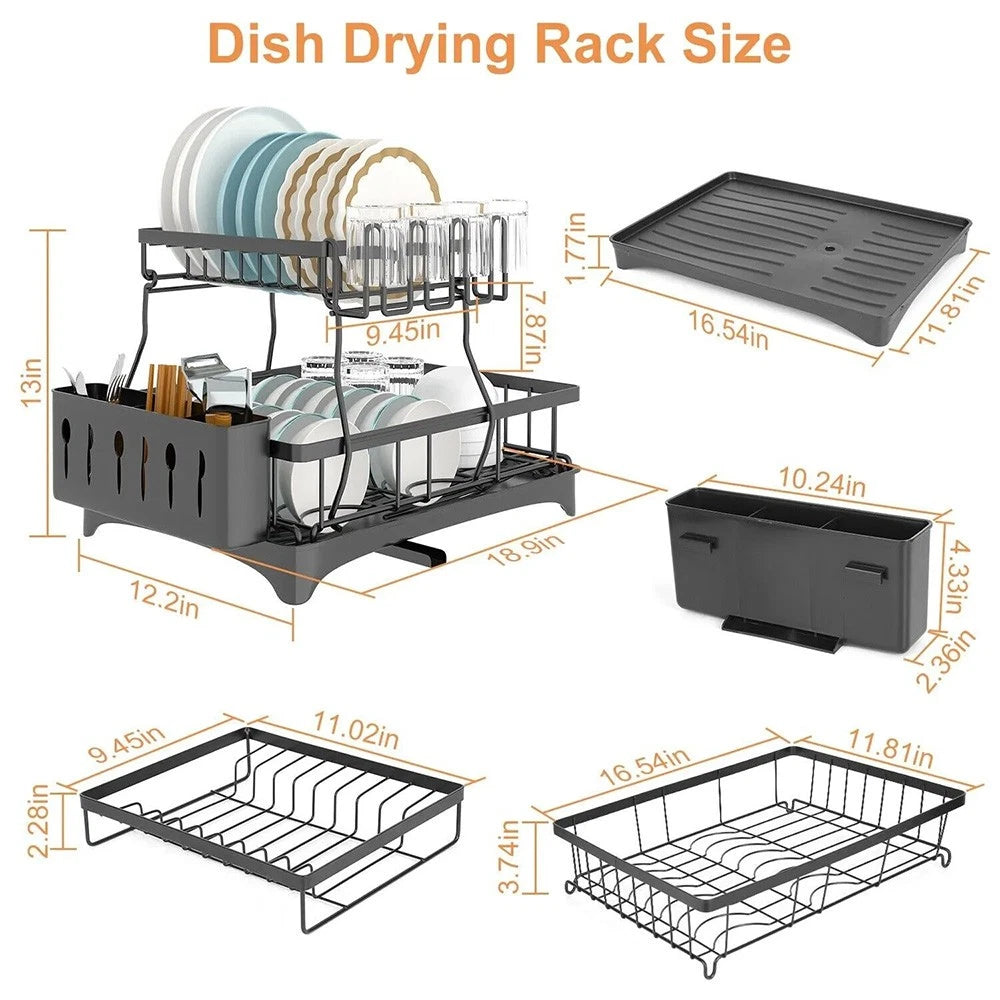 2 TIER KITCHEN SINK DISH DRAINER RACK WITH DRIP TRAY CUTLERY HOLDER PLATE RACK