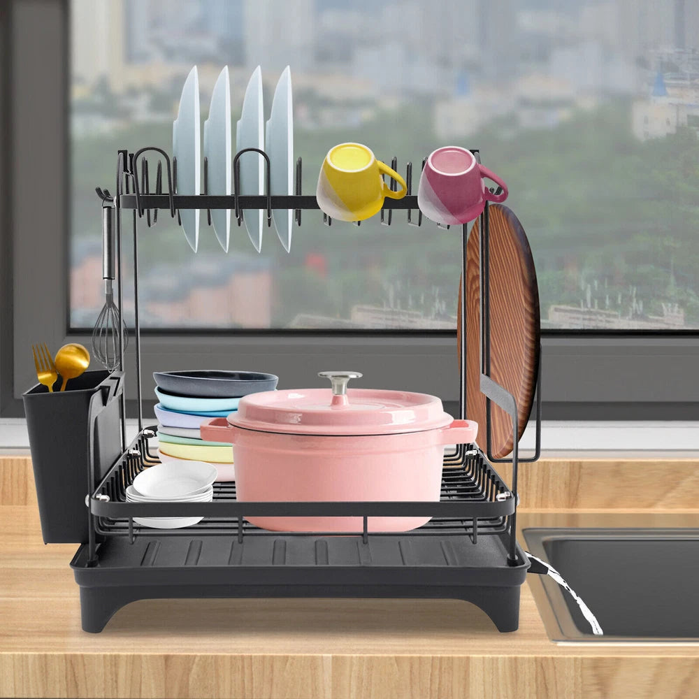 2 Tier Dish Drainer Plate Rack With Drip Tray Sink Drying Draining Plate Bowl UK