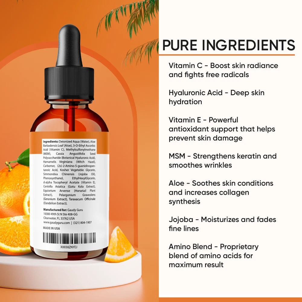 100% PURE VITAMIN C SERUM FOR FACE, Anti Aging Serum with Hyaluronic Acid (2 OZ)