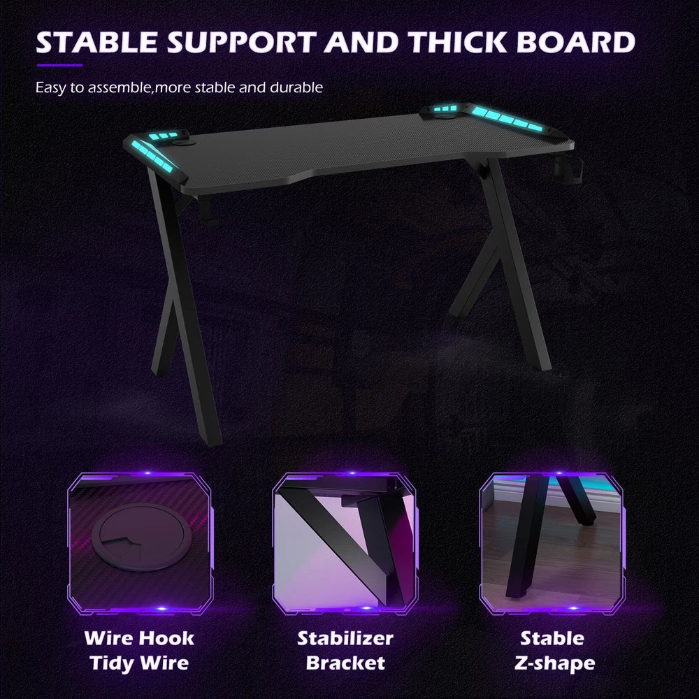 Gaming Desk LED RGB Computer Table Workstation with Cup Holder & Headphone Hook