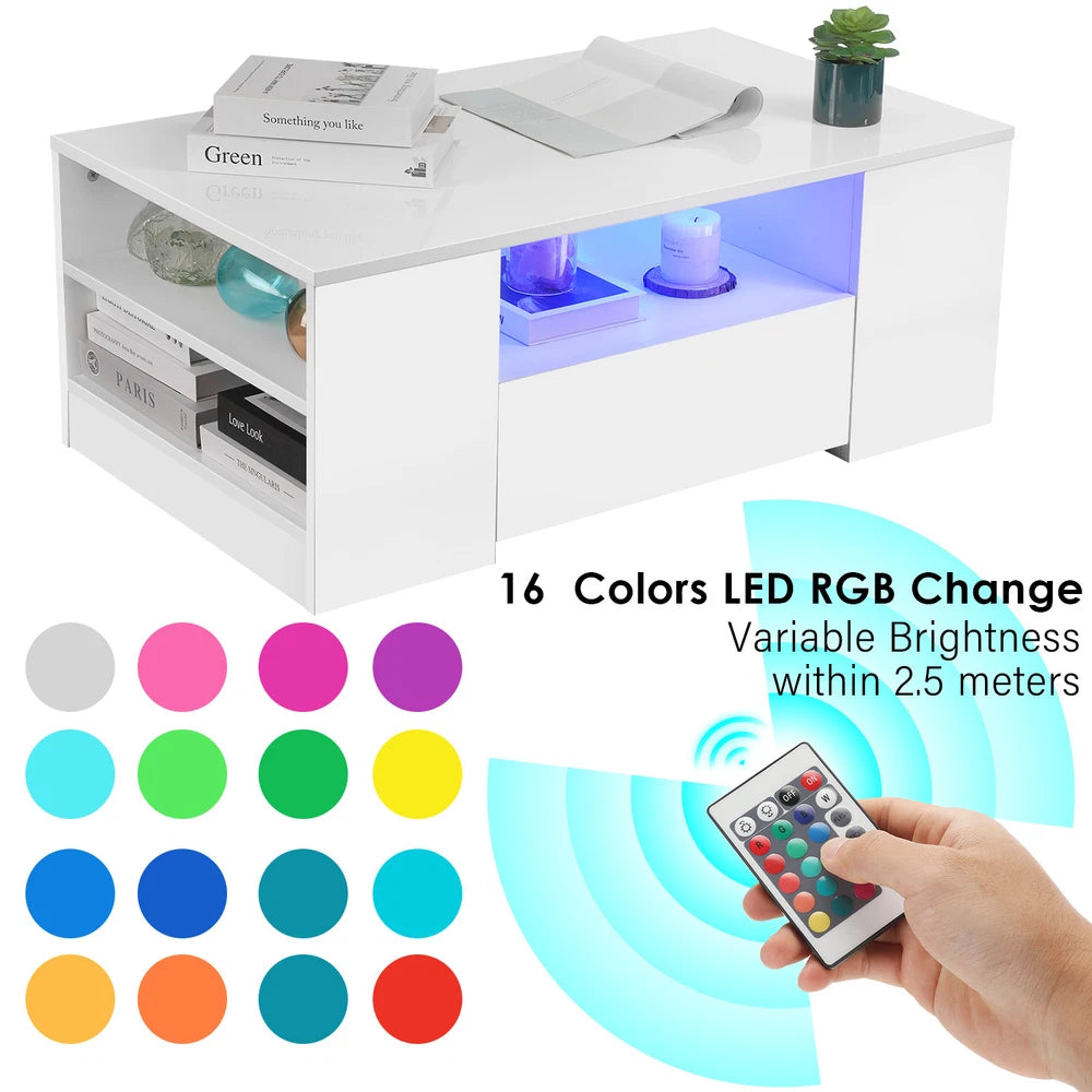 High Gloss LED Coffee Table With Storage Wooden 2 Drawer Living Room Furniture