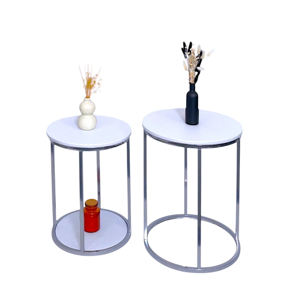NEW Nest of Tables Set of 2 Coffee Side End Table White With Chrome Legs