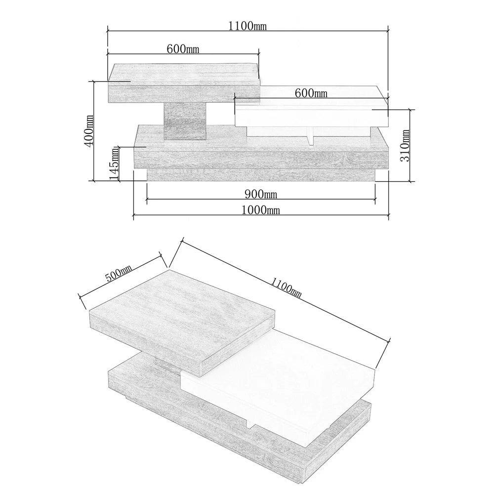 360° Rotating Coffee Table Rectangle w/LED Lights for Living Room