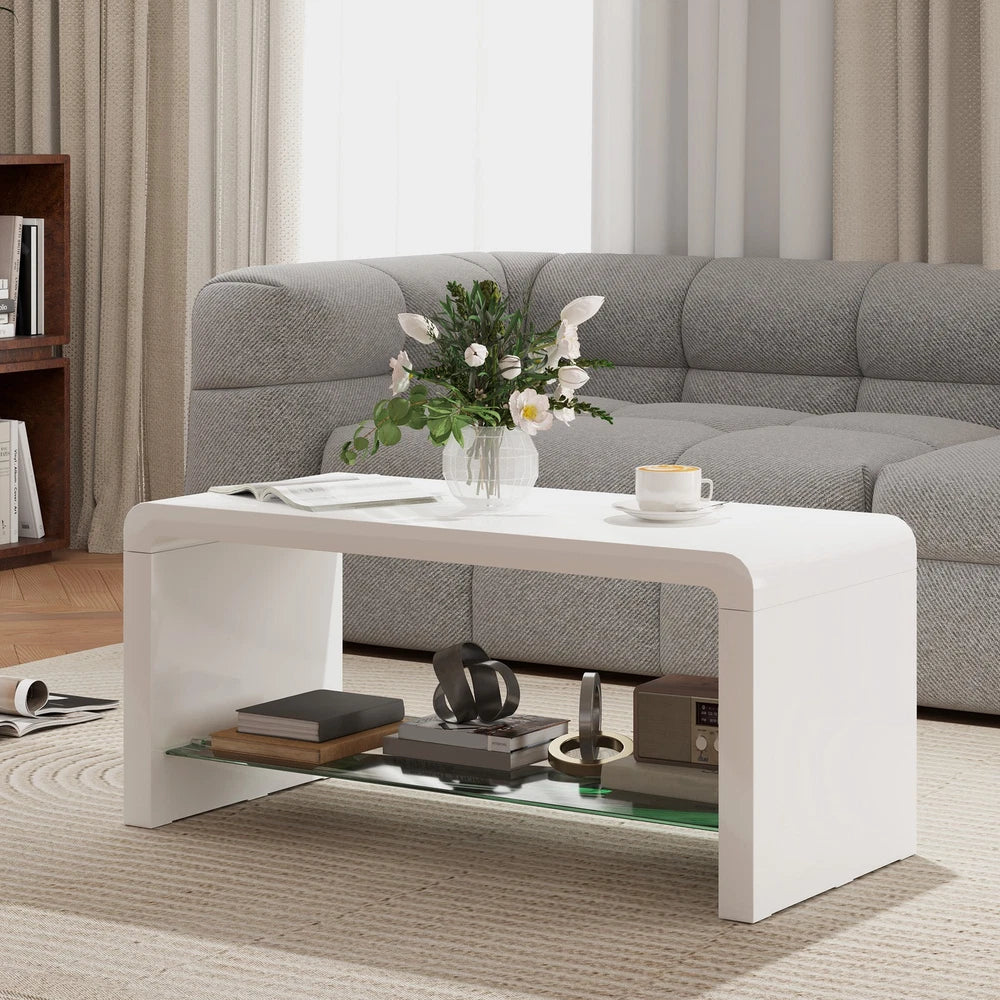 High Gloss Coffee Table with Glass Shelf, Two-Tier Living Room Table, White