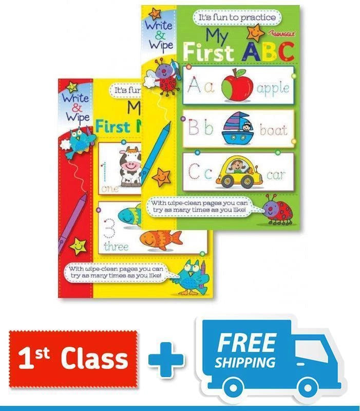 EASY LEARNING CHILDRENS MY FIRST NUMBERS ABC WRITE AND WIPE PRACTICE BOOKS.