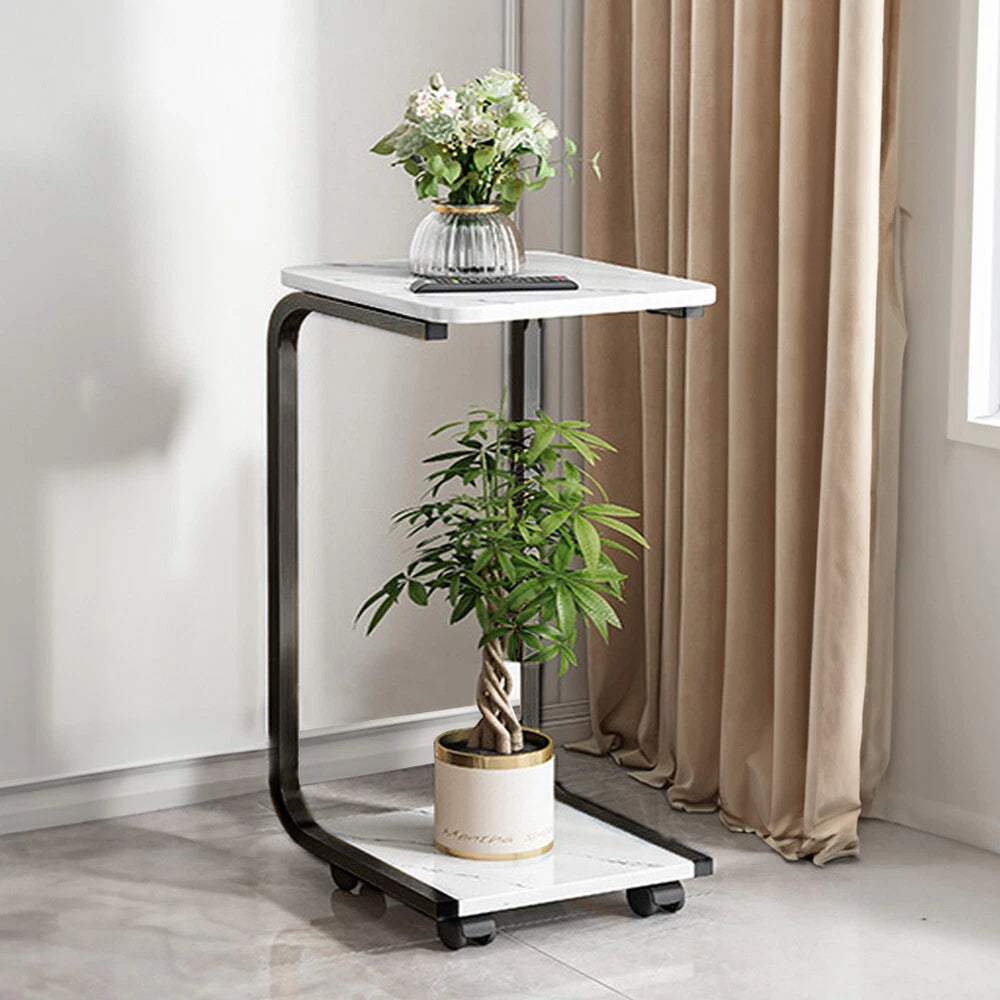 C-Shaped Compact Sofa Side End Table Coffee Laptop Table Living Room W/ Wheels