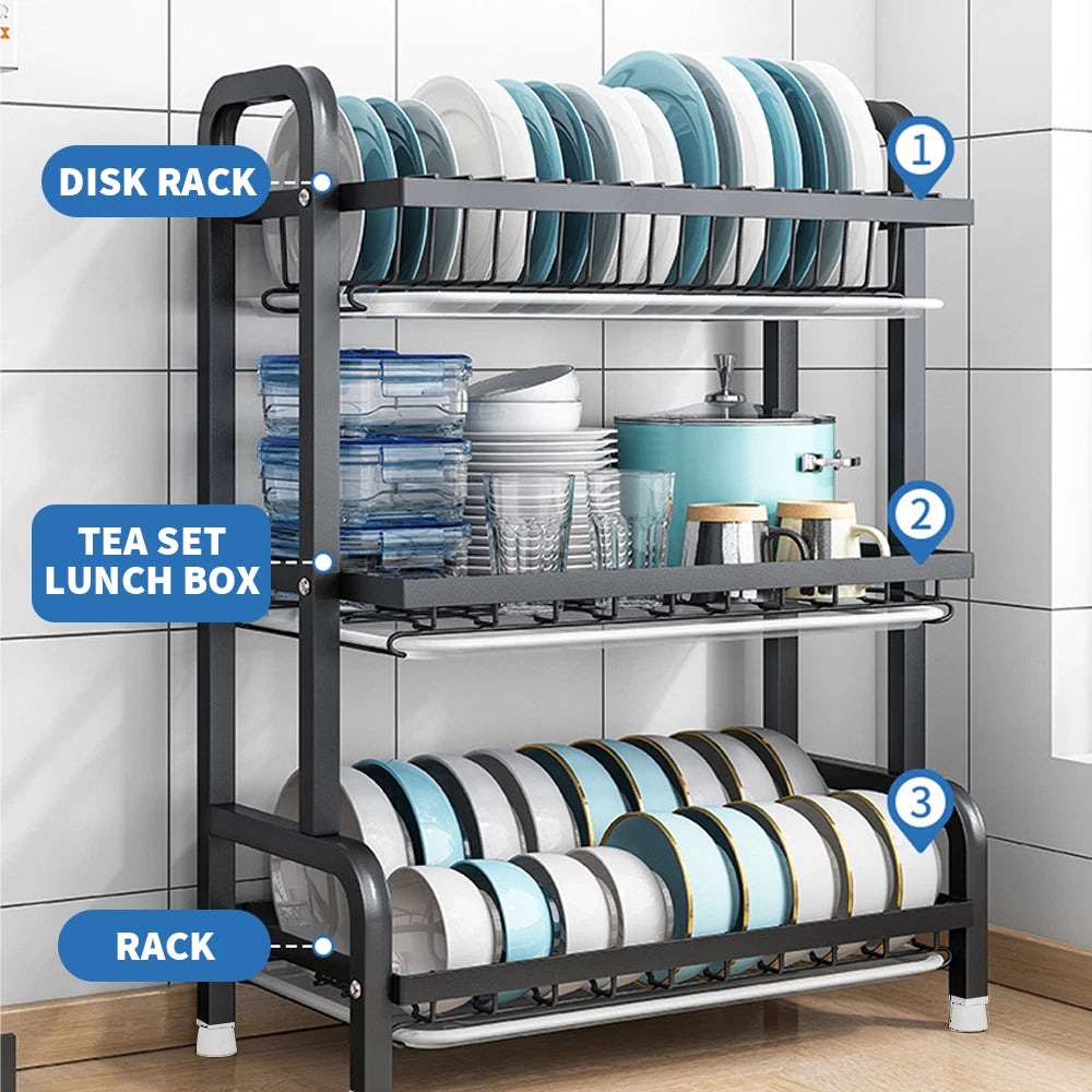 2/3 Tier Kitchen Sink Dish Drainer Rack With Drip Tray Cutlery Holder Plate Rack