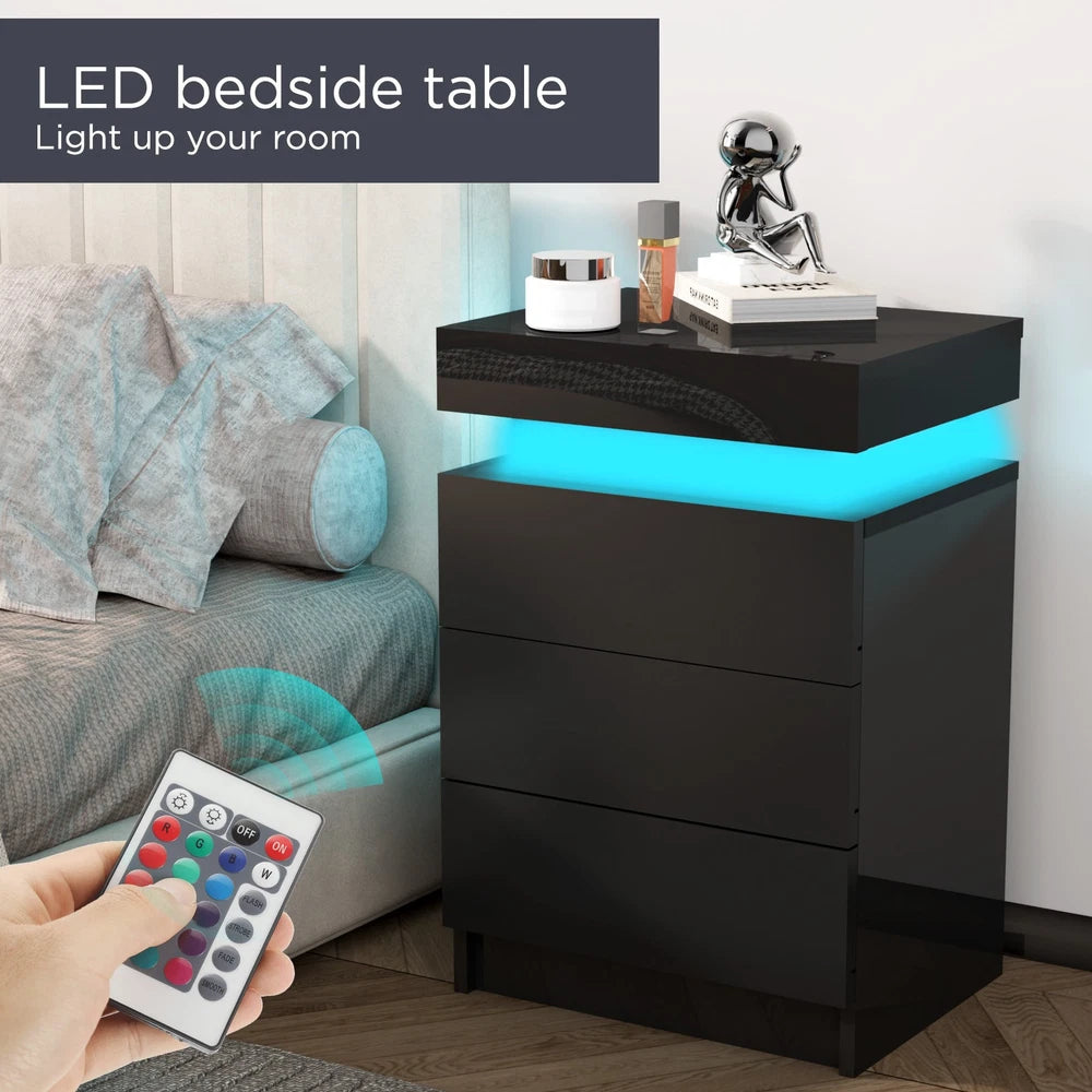High Gloss 2/3 Drawer Bedside Table Cabinet LED RGB Light Storage Nightstand