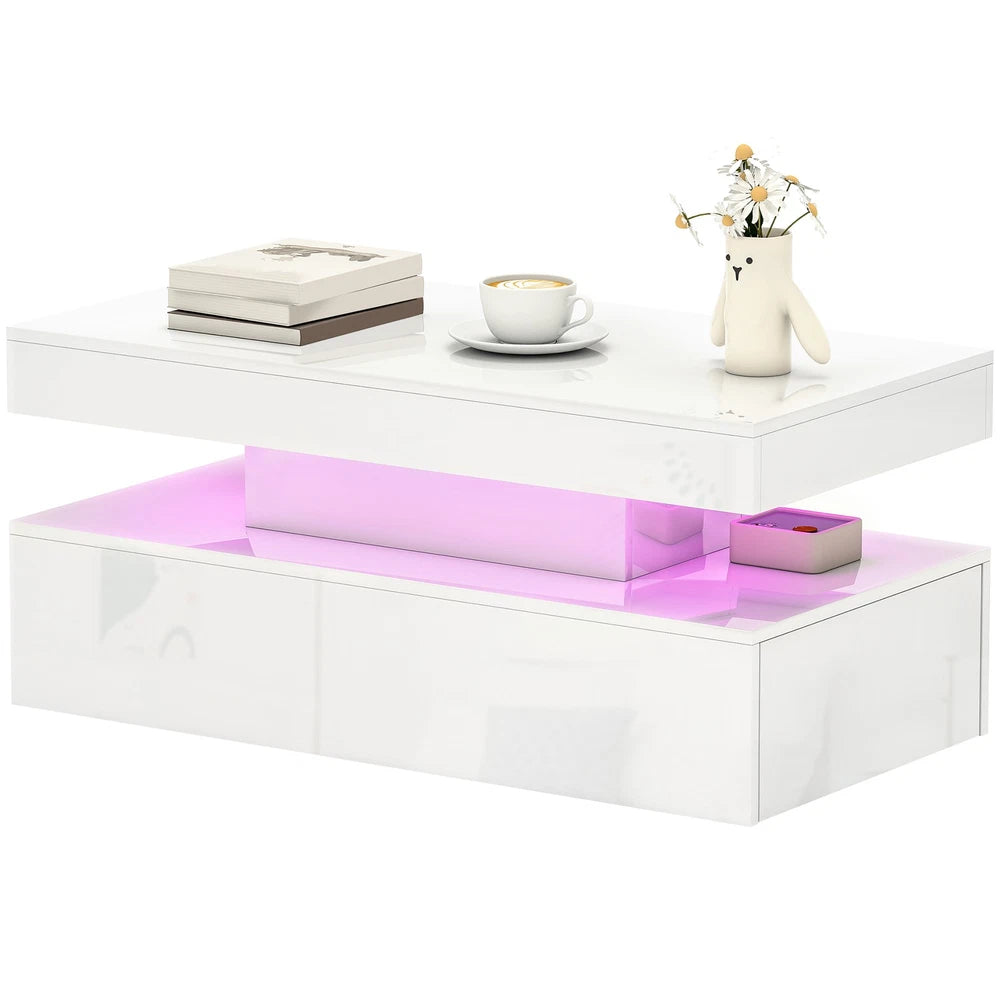 Coffee Table with LED Lights, High Gloss Living Room Table with 2 Drawers, White