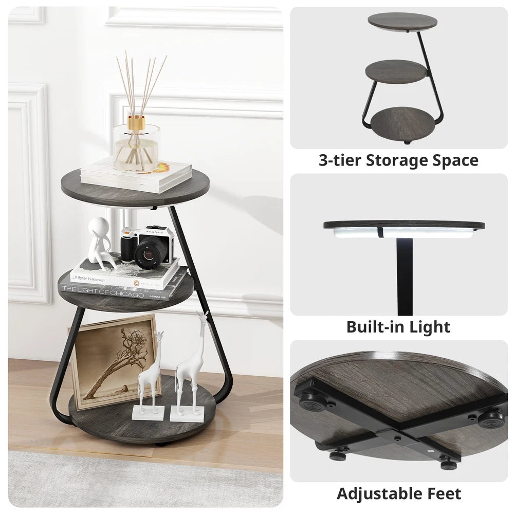 3-Tier Sofa Side Table LED Lighted Bedside Living Room End Table with Storage
