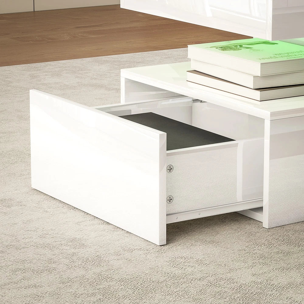 Coffee Table with LED Lights, High Gloss Living Room Table with 2 Drawers, White