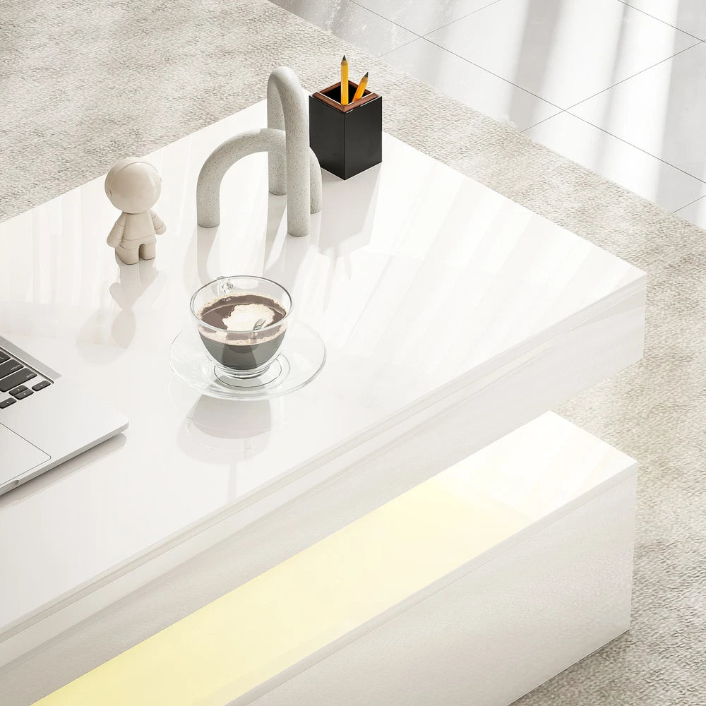 Coffee Table with LED Lights, High Gloss Living Room Table with 2 Drawers, White