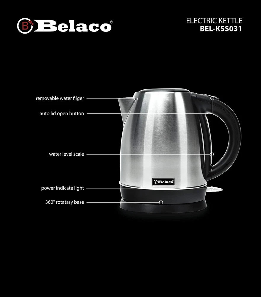 Belaco Electric Kettle Stainless Steel 1.7L,  2200w Fast Boil Cordless 360°