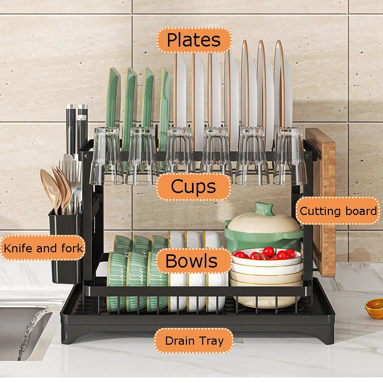 2 Tier Dish Drainer Rack with Drip Tray Cutlery Holder Plate Racks Kitchen Sink