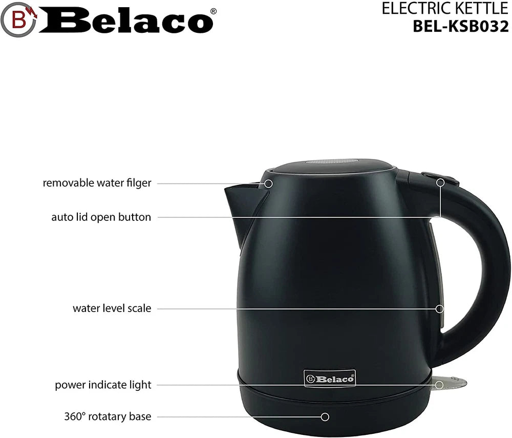 Belaco Electric Kettle Stainless Steel 1.7L,  2200w Fast Boil Cordless 360°