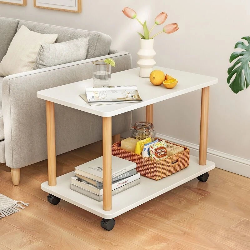 2 Layers Sofa Side Table with Wheels Coffee Snack Laptop End Tables Living Room