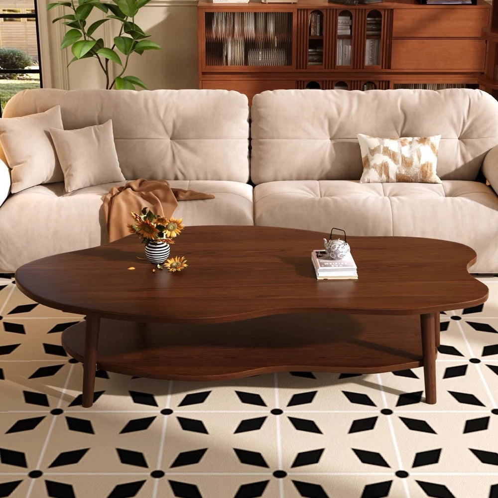 2 Layer Coffee Table Tea Table Cloud Modern Living Room Desk W/ Storage Shelf