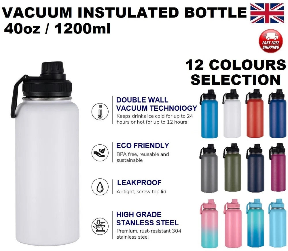 1.2L Water Flask Bottle Stainless Steel Double Wall Vacuum Insulated Thermal