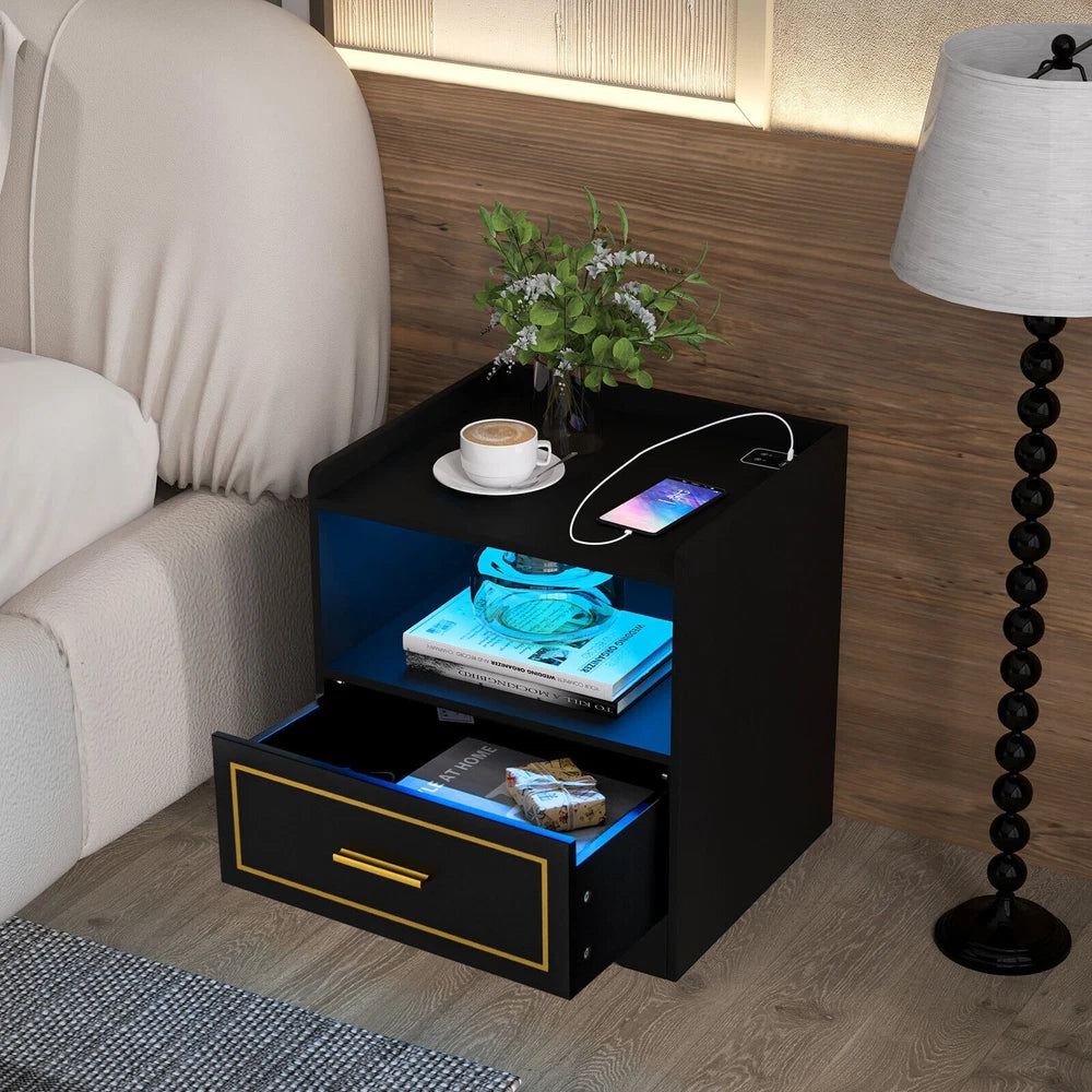 Modern Smart Bedside Table LED Nightstand Sofa Side End Table w/USB Type-C Port