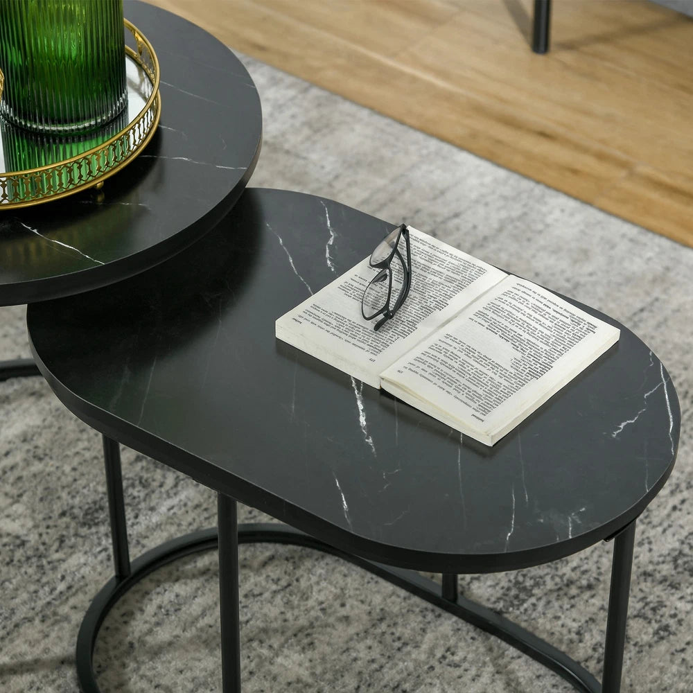 Coffee Table Set of 2 Modern Nest of Tables with Faux Marble Tabletop Black