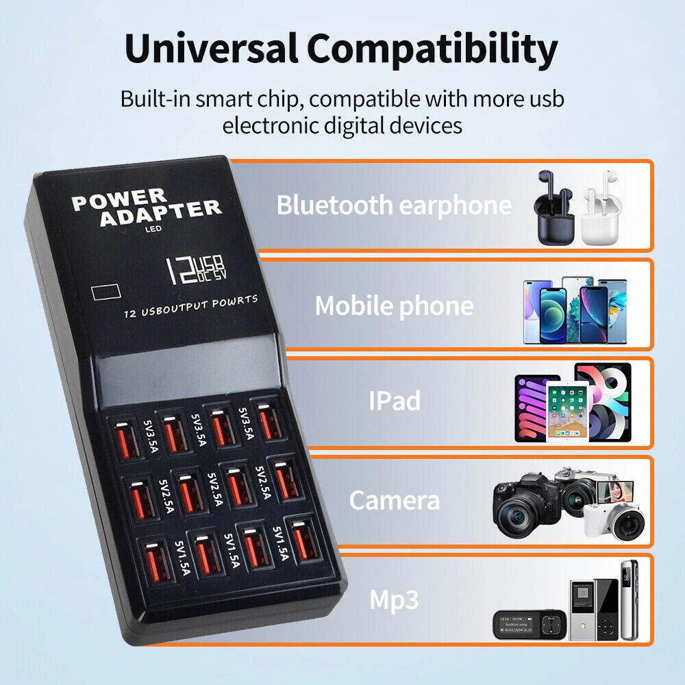 12Ports USB Multi Charger Travel Wall AC Adapter UK Plug Hub Charging Station UK