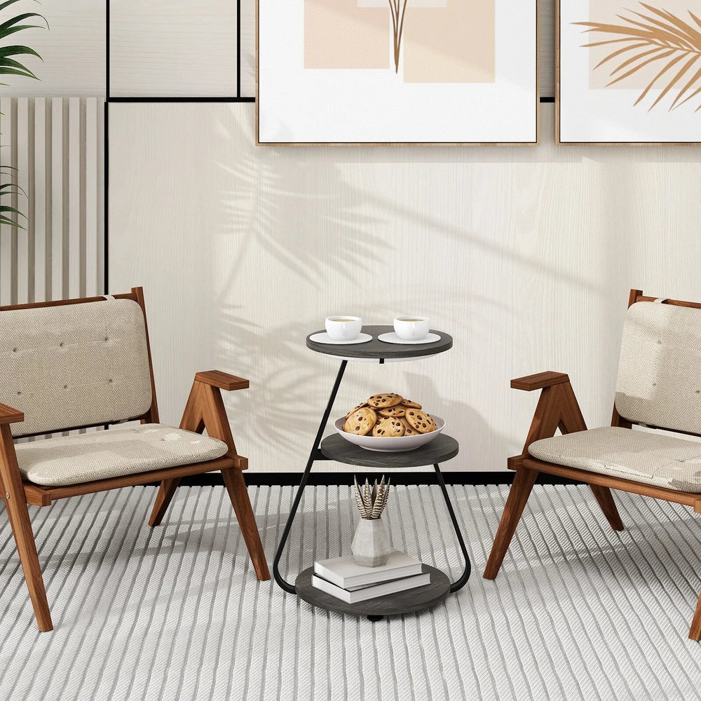 3-Tier Sofa Side Table LED Lighted Bedside Living Room End Table with Storage