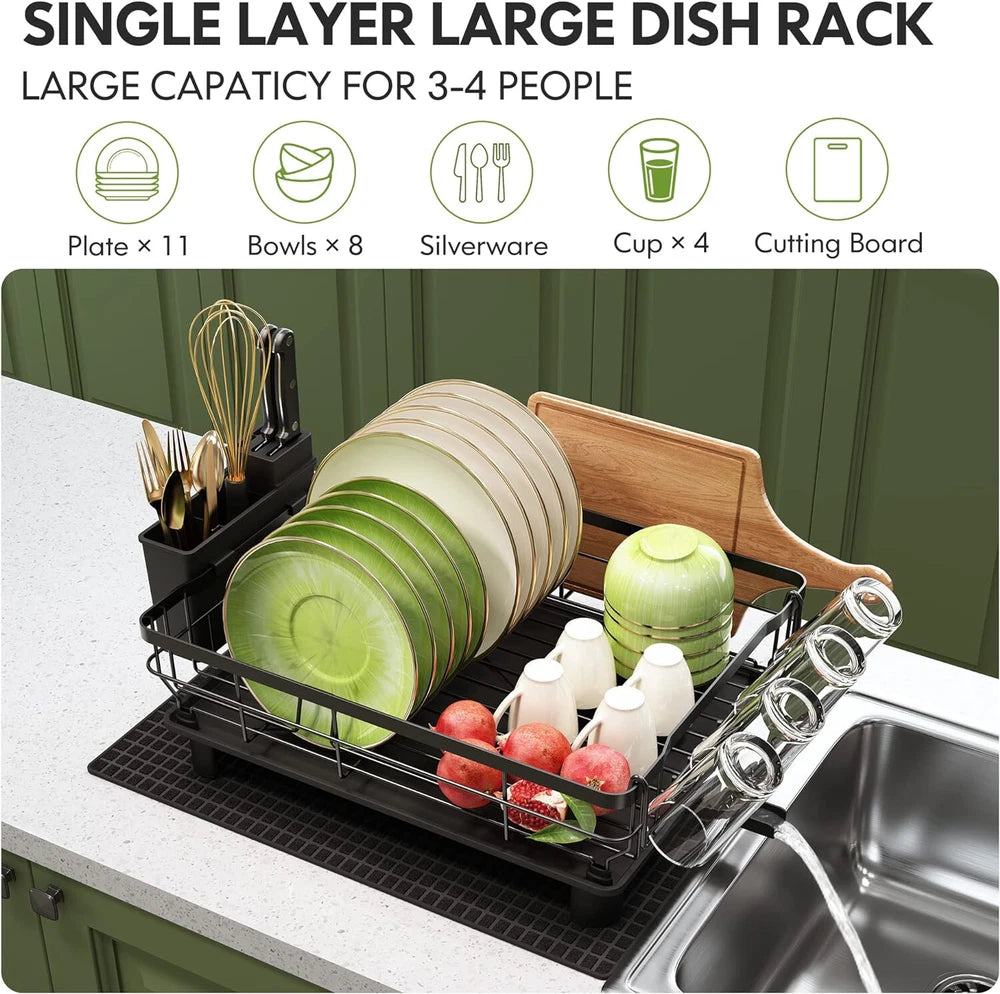 Kitchen Dish Drainer Plate Drying Rack with Drip Tray Cup Cutlery Utensil Holder