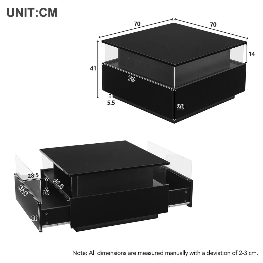 Coffee Table with LED Square High Gloss Black Storage Tea Table for Living Room
