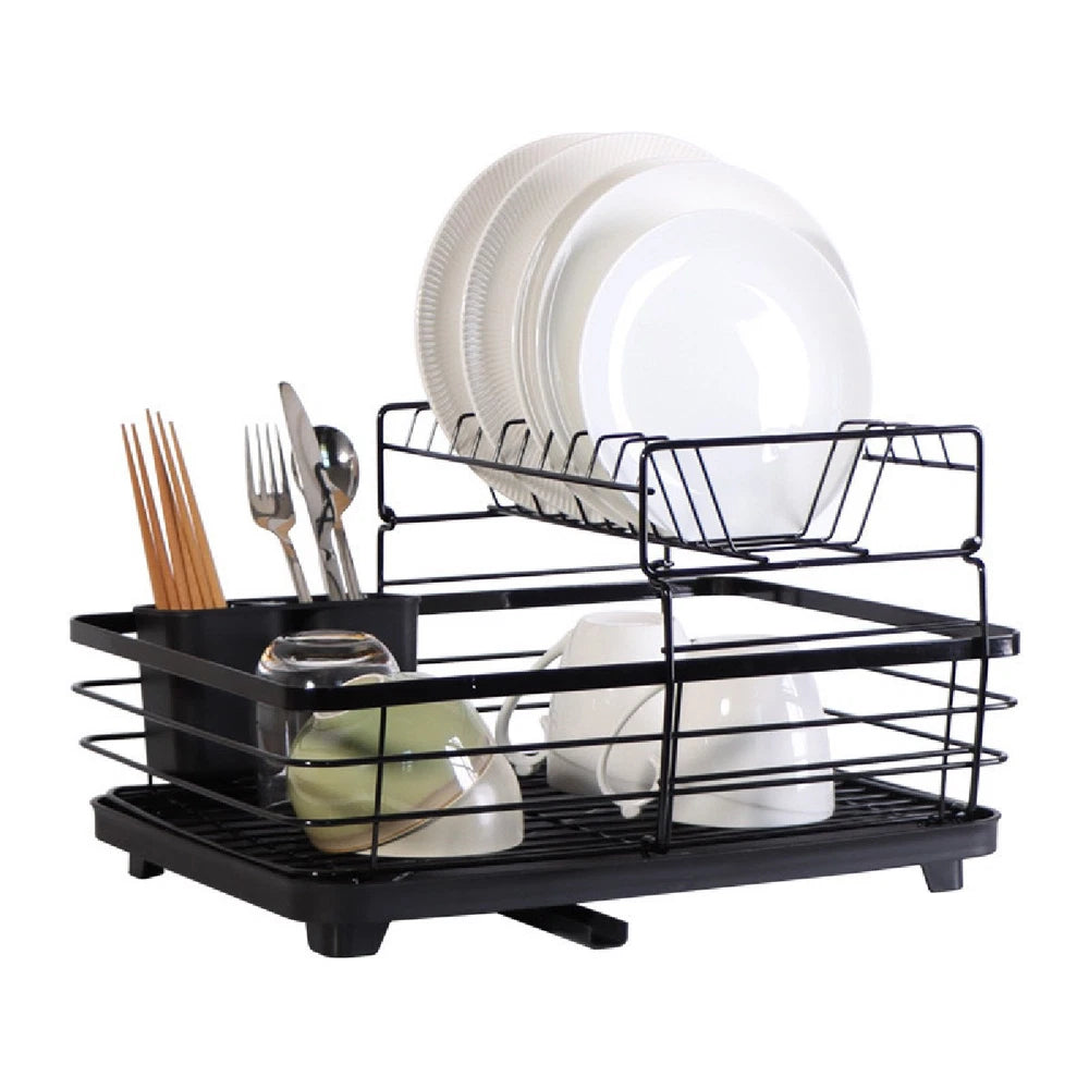 2-Tier Dish Drainer Rack with Drip Tray Cutlery Holder Plate Rack Kitchen Sink