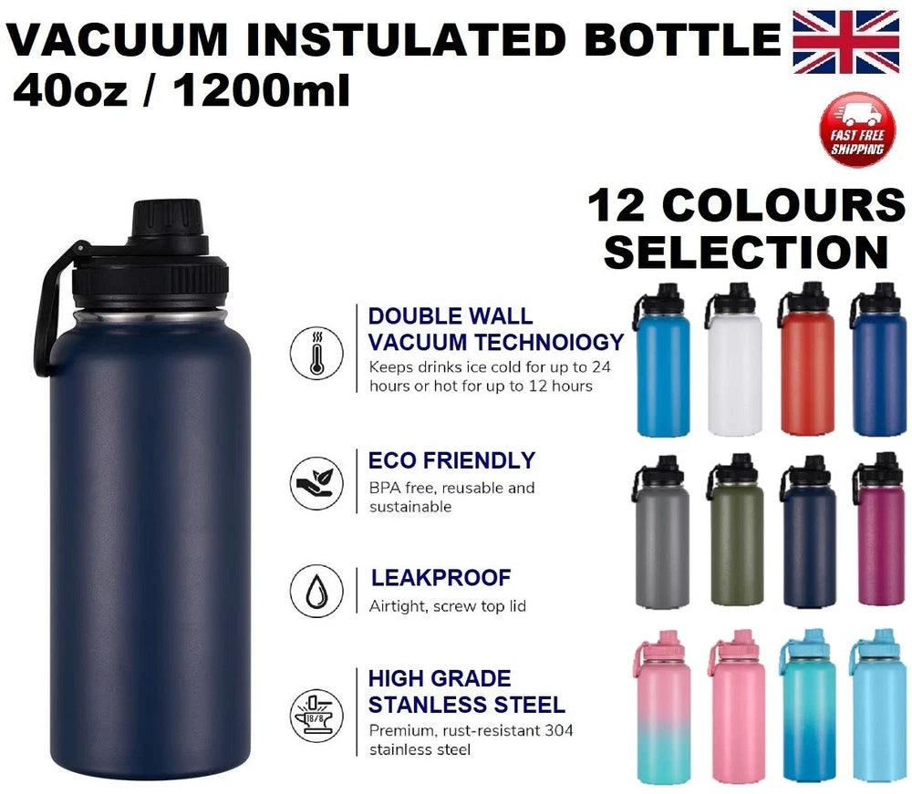 1.2L Water Flask Bottle Stainless Steel Double Wall Vacuum Insulated Thermal