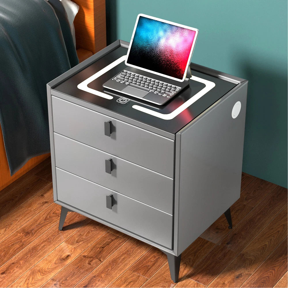 3 Drawers LED Bedside Table Wireless Charging Nightstand Bedside Cabinet Grey