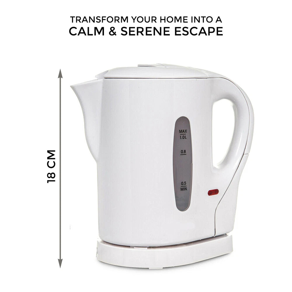 White Travel Kettle Portable Electric 1L Camping Caravan Kitchen Jug Holiday New