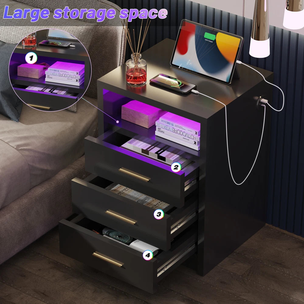 2/3 Drawers High Gloss Front Bedside Table Cabinet LED Nightstand With Charging