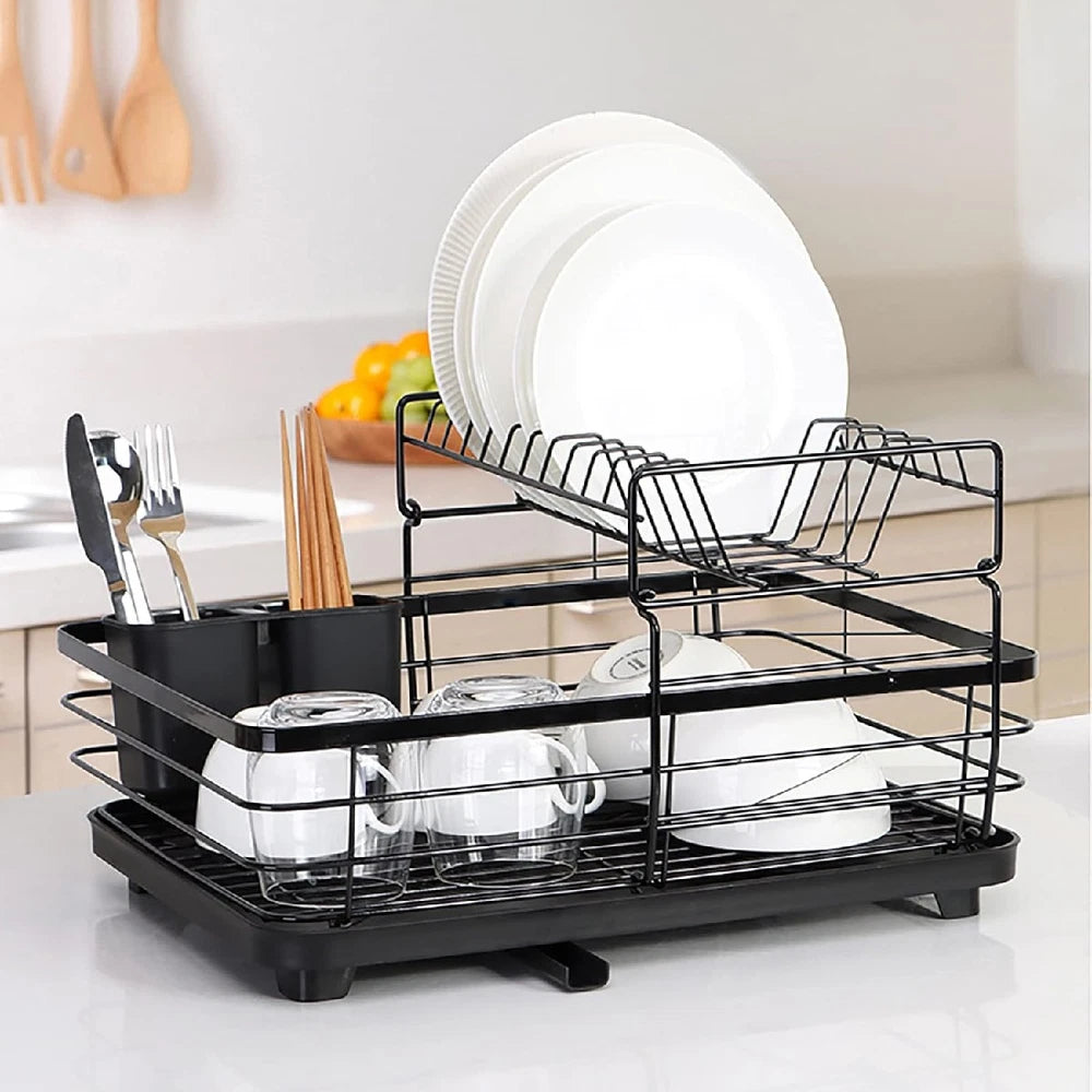 2-Tier Dish Drainer Rack with Drip Tray Cutlery Holder Plate Rack Kitchen Sink