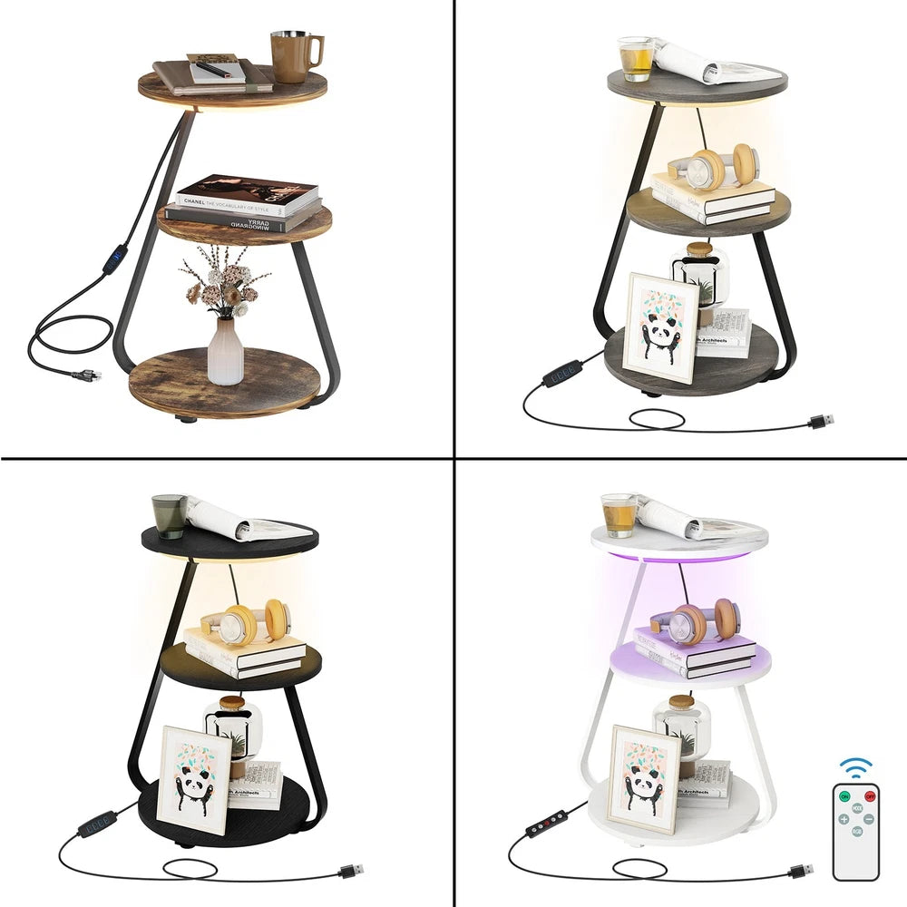 3-Tier Sofa Side Table LED Lighted Bedside Living Room End Table with Storage