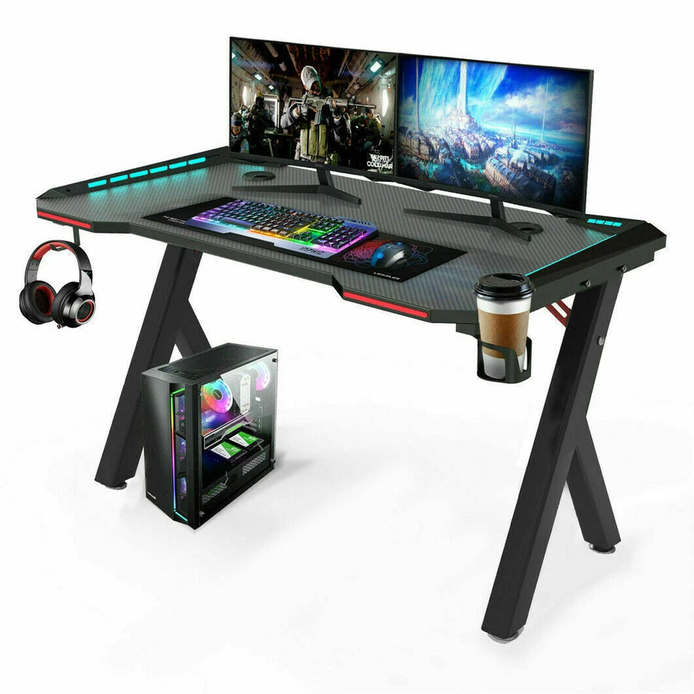 XXL Gaming Desk RGB LED Computer Racing Table Carbon Fiber PC Gamer Workstation