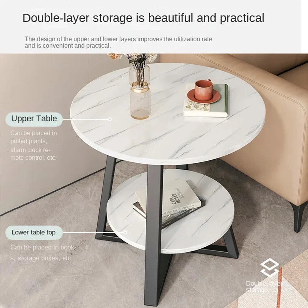 2-Tier Coffee Table Side Table White Marble Effect End Table LivingRoom Round
