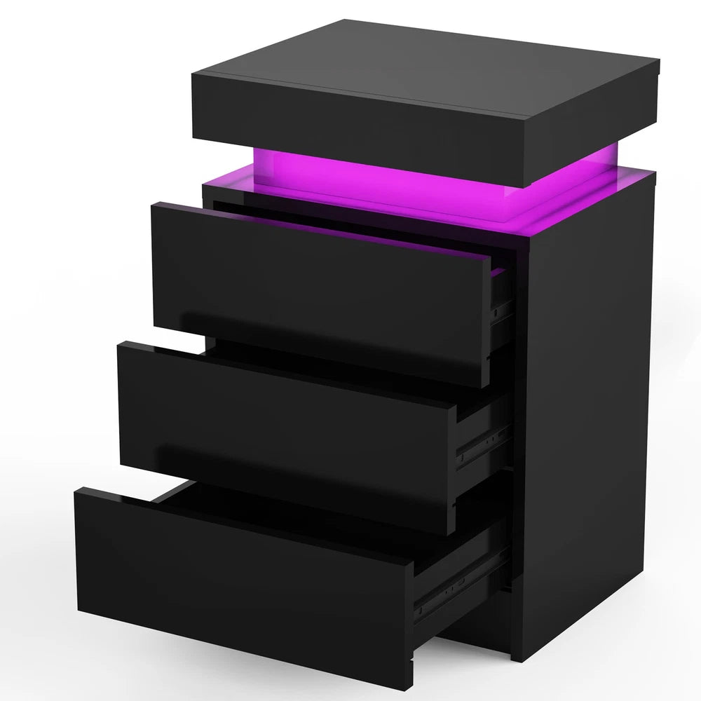 High Gloss 2/3 Drawer Bedside Table Cabinet LED RGB Light Storage Nightstand