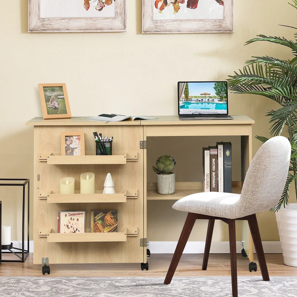 Folding Sewing Table 2 IN 1 Rolling Craft Table Office Desk Workstation