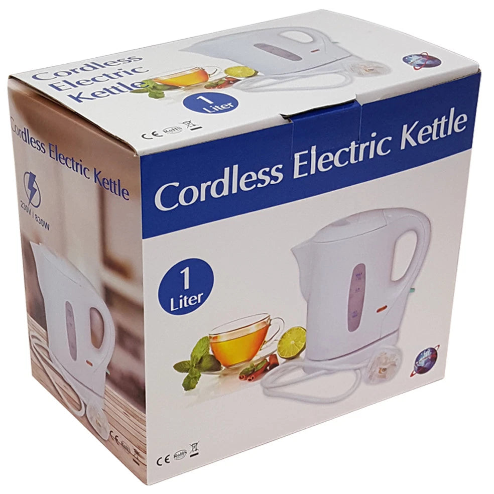 White Travel Kettle Portable Electric 1L Camping Caravan Kitchen Jug Holiday New