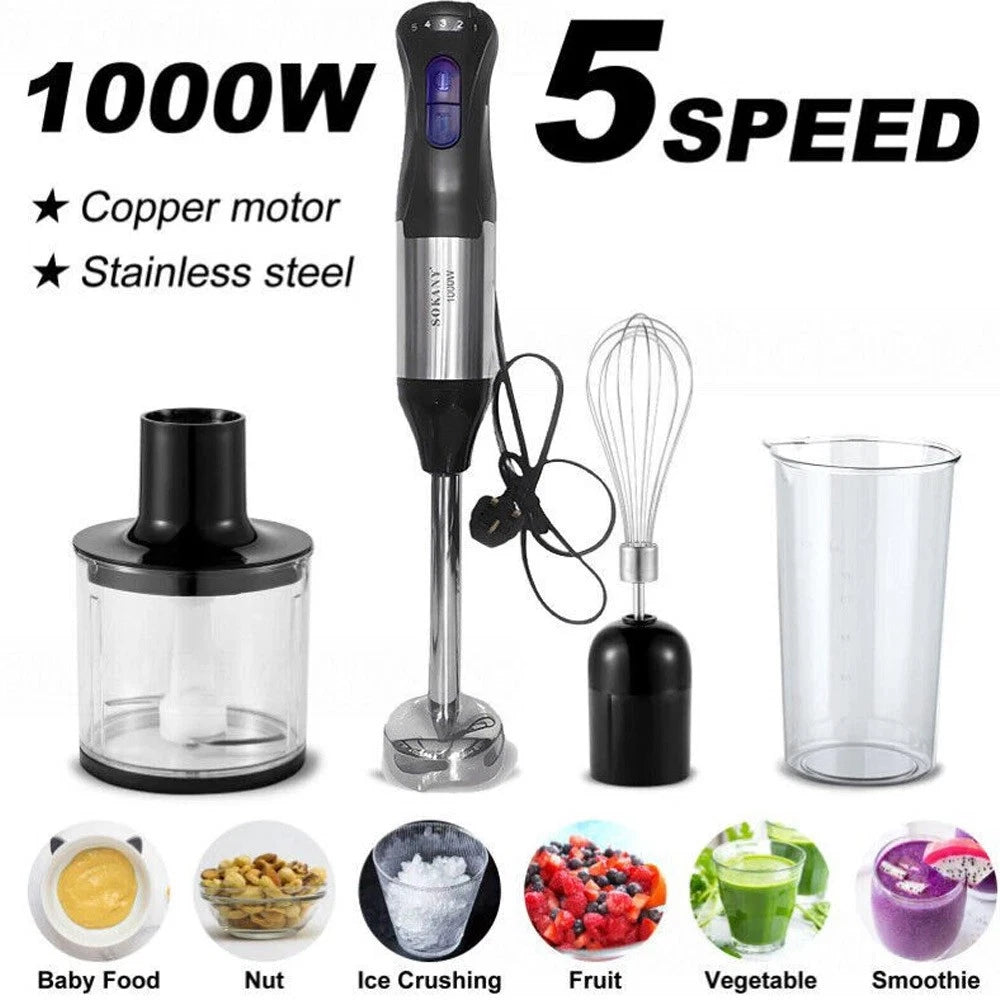 4 in 1 1000W 5 Speed Powerful Hand Held Electric Food Blender Mixer Stick UK