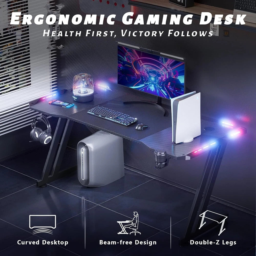LED Gaming Desk with Power Outlets and Monitor Stand 100 x 60cm Black