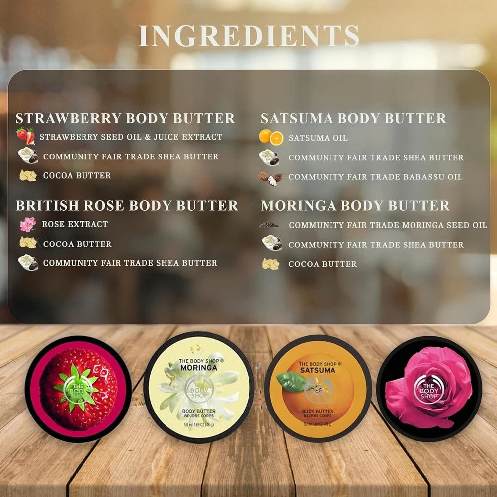 The Body Shop Body Butter British Rose, Moringa, Strawberry, Satsuma 50ml all 4