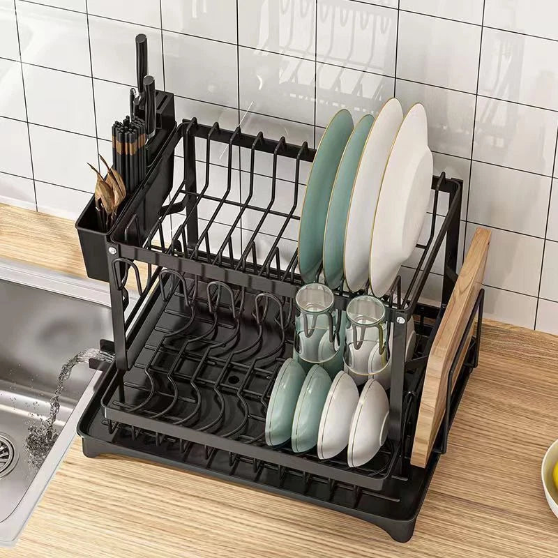 2 Tier Dish Drainer Rack with Drip Tray Cutlery Holder Plate Racks Kitchen Sink