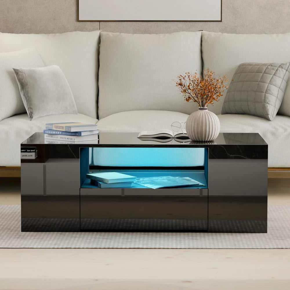 LED Coffee Table Wooden 2 Drawer Storage High Gloss Modern Living Room Furniture