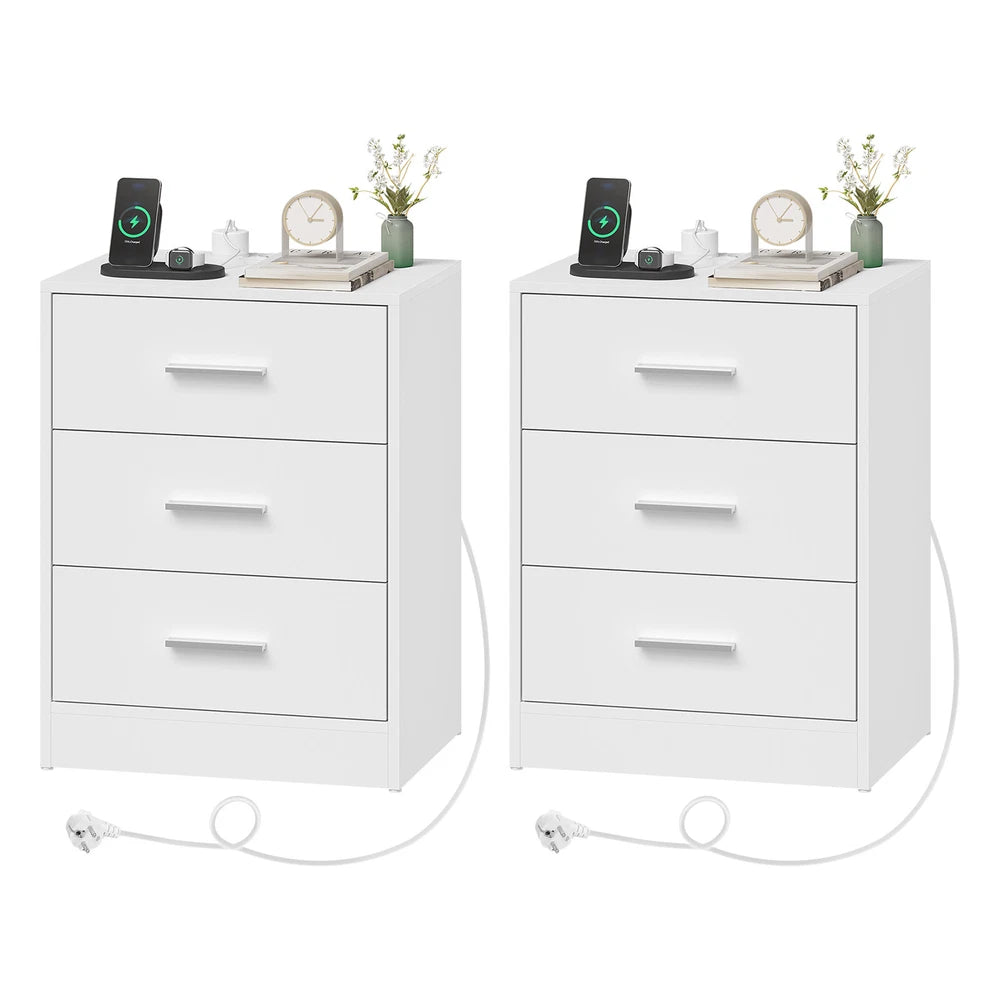 1/2x Bedside Table Cabinets w/ Charging Station Nightstand Storage Unit 3 Drawer