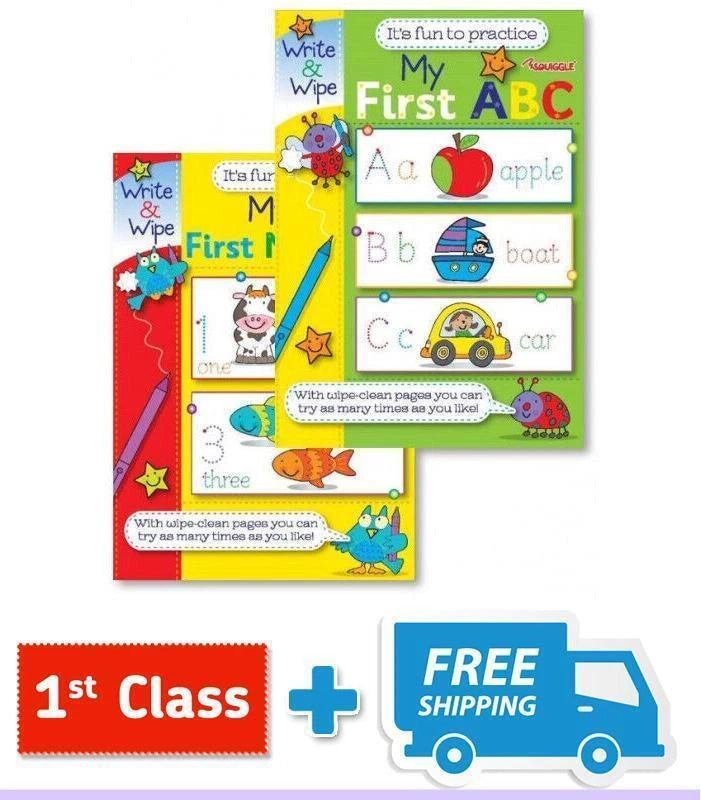 EASY LEARNING CHILDRENS MY FIRST NUMBERS ABC WRITE AND WIPE PRACTICE BOOKS.