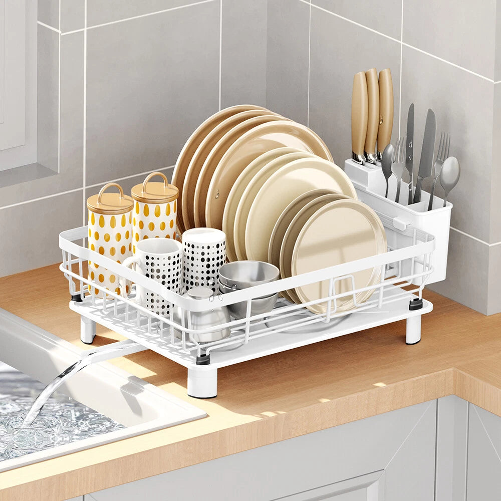 Kitchen Dish Drainer Plate Drying Rack with Drip Tray Cup Cutlery Utensil Holder